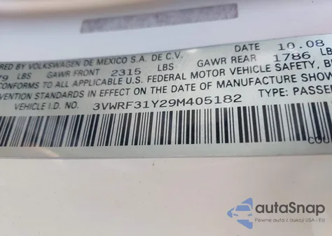 2009 Volkswagen New Beetle 2.5L z USA, uszkodzony, nr VIN 3VWRF31Y29M405182